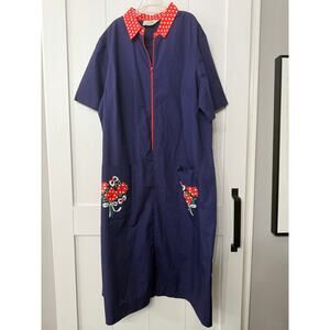 VINTAGE 60's Burnside navy zipper dress red polkadot collar & pockets sz M-L